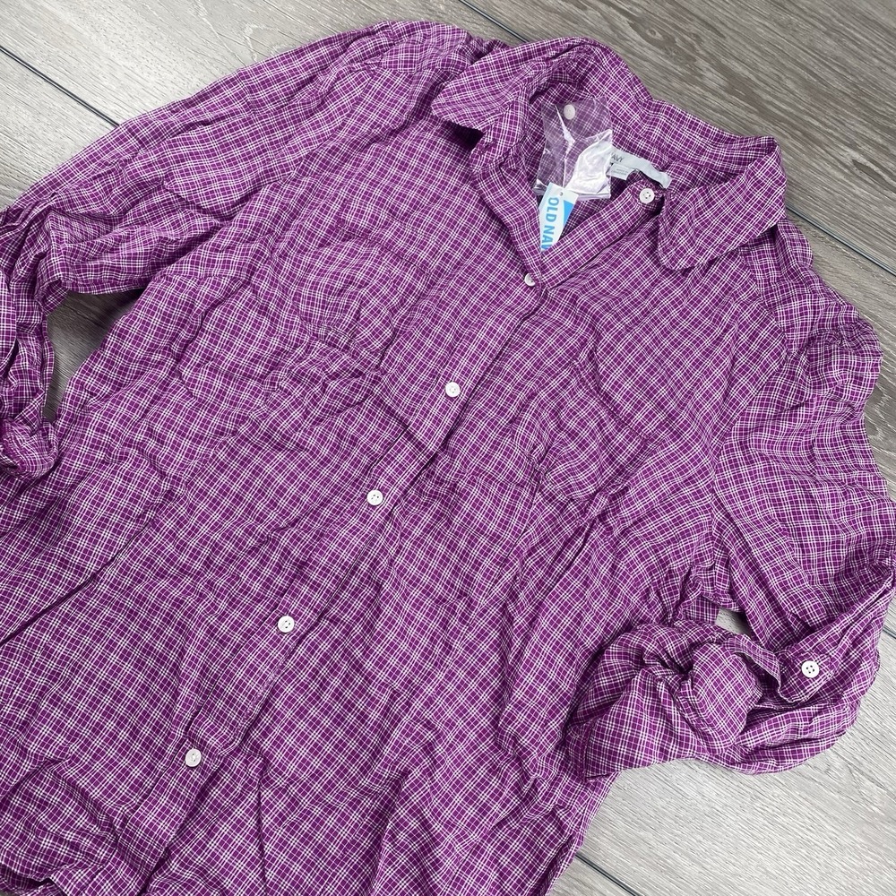 Old Navy Women's Rolled Sleeves Button Front Purple Plaid Large New